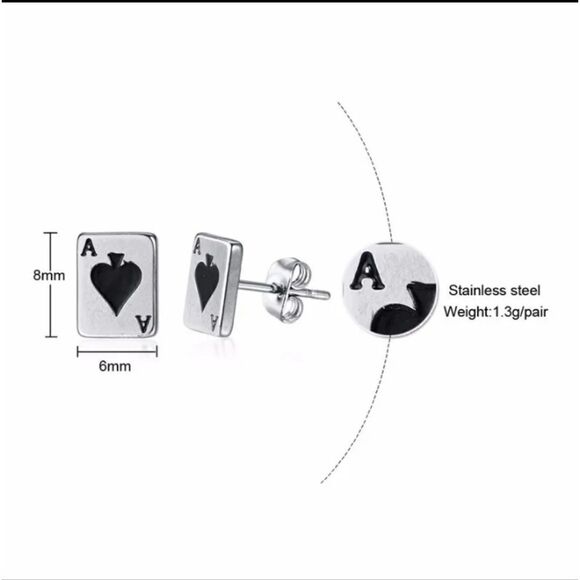 Stainless Steel Ace of Spade Stud Earrings Unisex - Picture 3 of 7